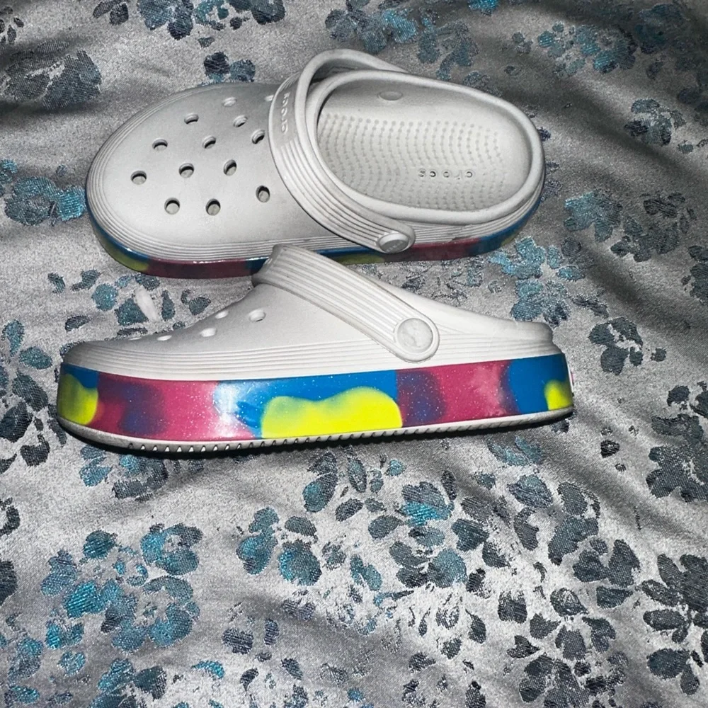 CROCS Kids White Clogs with Rainbow Trim